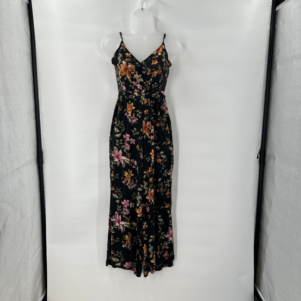 American Eagle Floral Jumpsuit XS Slit Wide Leg Boho Back Tie Cut Out Festival